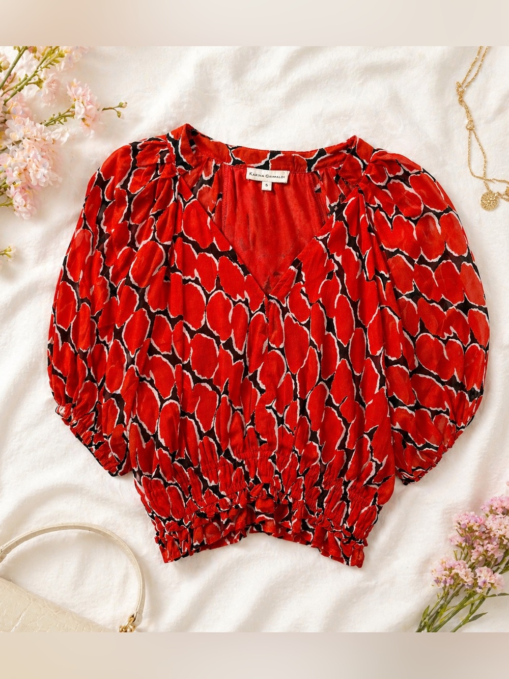 Karina Grimaldi Red Printed Smocked Blouse Puff Sleeve Top Small Summer NWT
